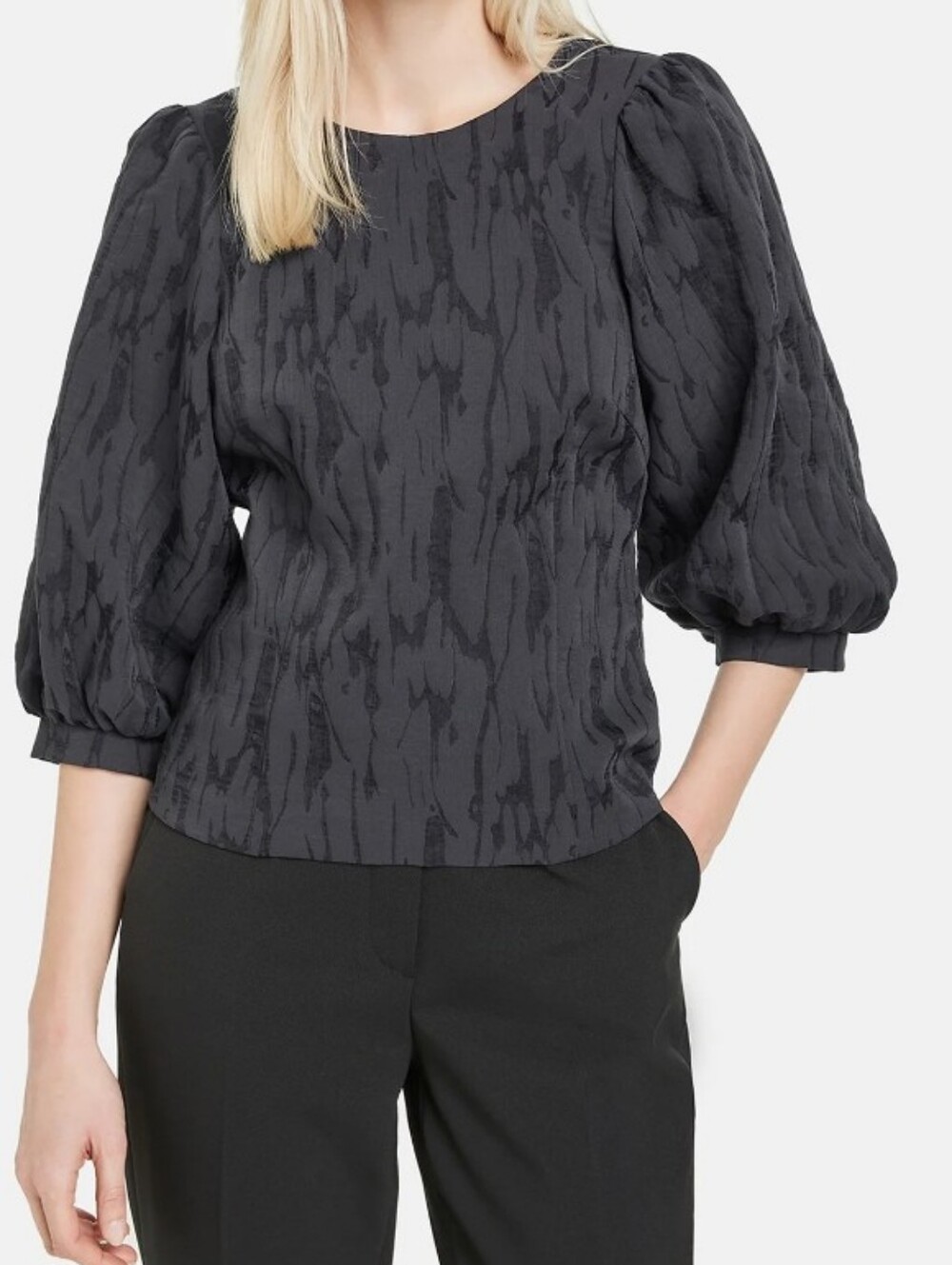 Worthington Charcoal Textured Puff-Sleeve Blouse